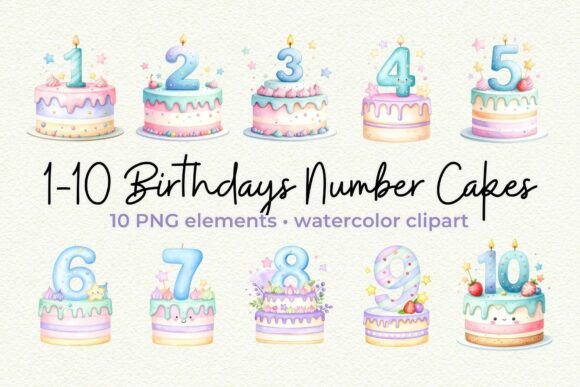Adorable 1-10th Birthday Cake Clipart Kawaii PNG for Creative Celebrations