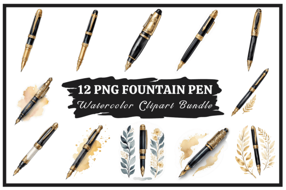 Elegant Fountain Pen Watercolor Clipart for Creative Projects