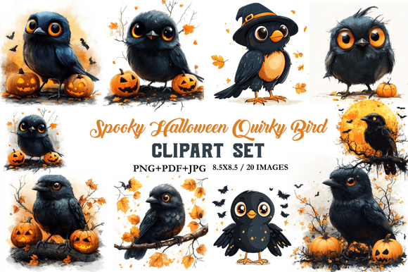 Spooky Halloween Quirky Bird Clipart Set
