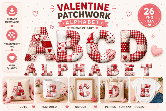 Valentine Patchwork Alphabet: A Creative Asset for Cozy, Handmade Design Projects